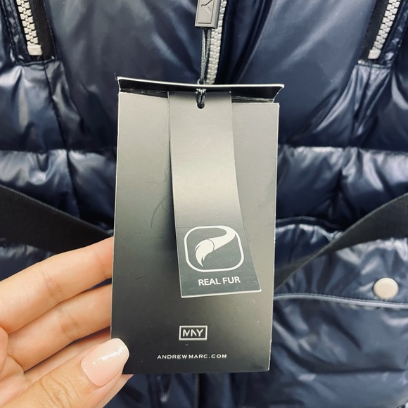 NWT, Andrew Marc Belted Puffer w/ REAL fur, Navy, Size L - Picture 13 of 14